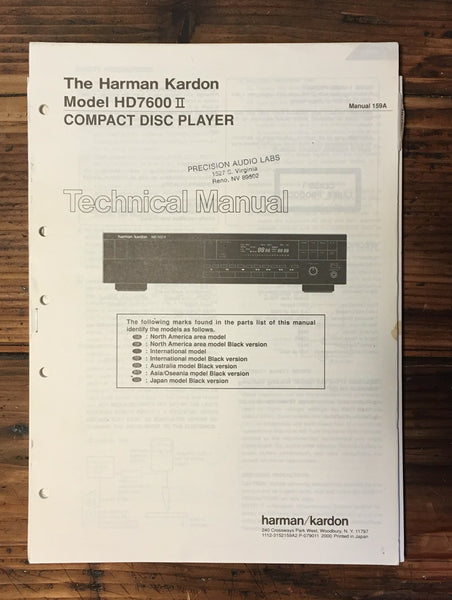 Harman Kardon HK HD7600 II HD-7600 II CD Player Service Manual *Original*