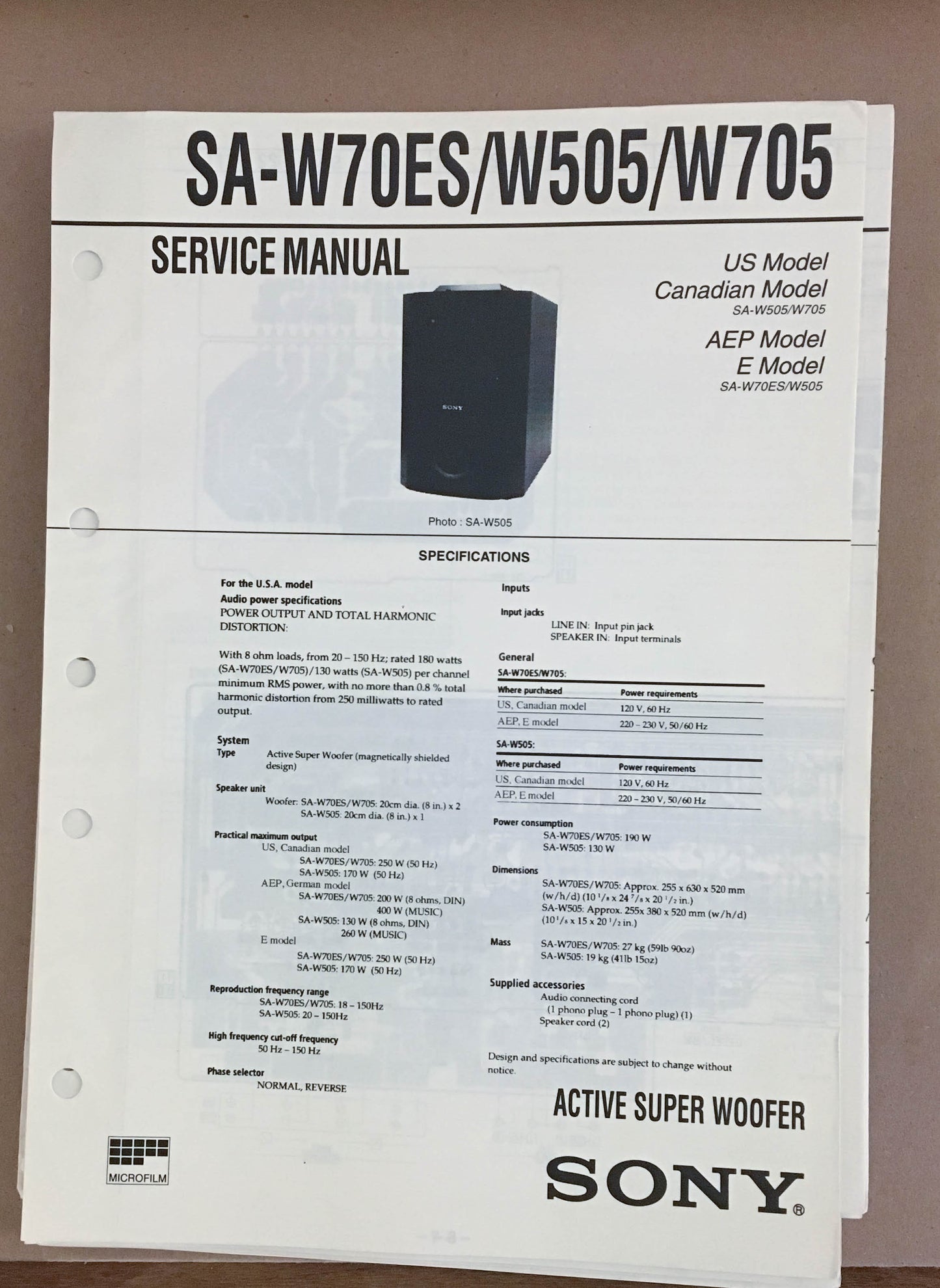 Sony  SA-W70ES W505 W705 Super Woofer Service Manual *Original*