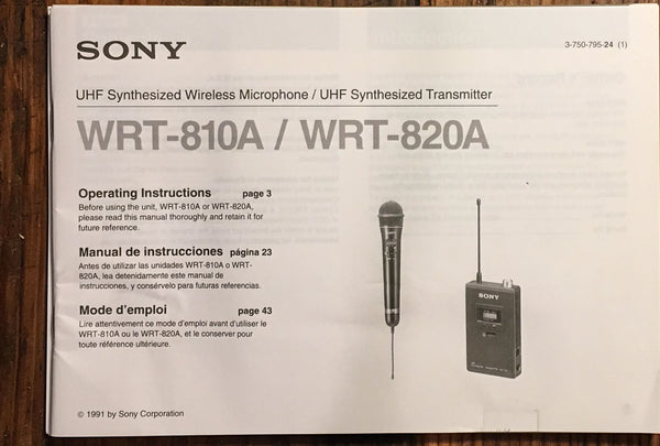 Sony WRT-810A WRT-820A UHF Mic Transmitter  Owners / User Manual *Original*