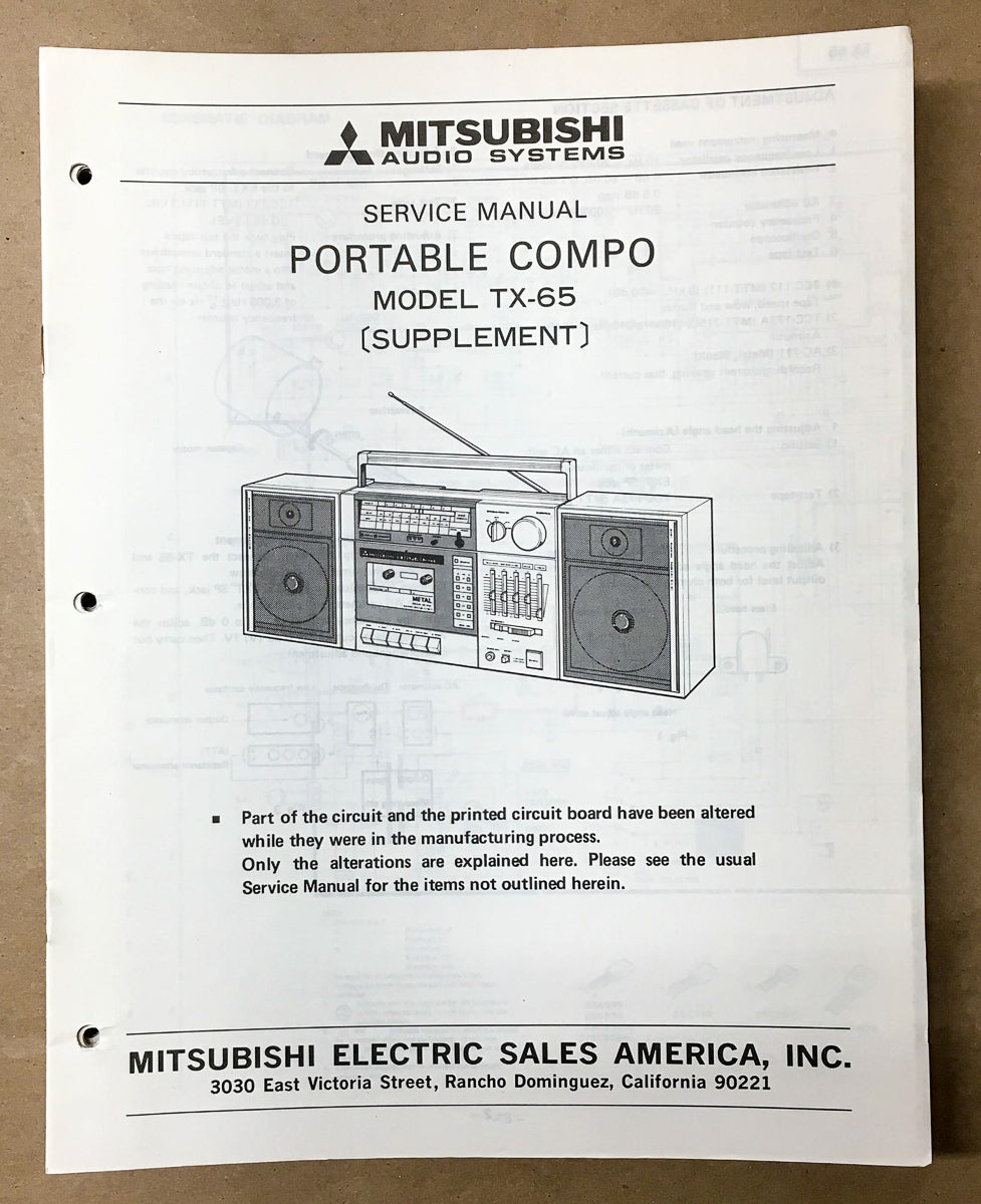 Mitsubishi TX-65 Portable Stereo Service Manual Supplement *Original*