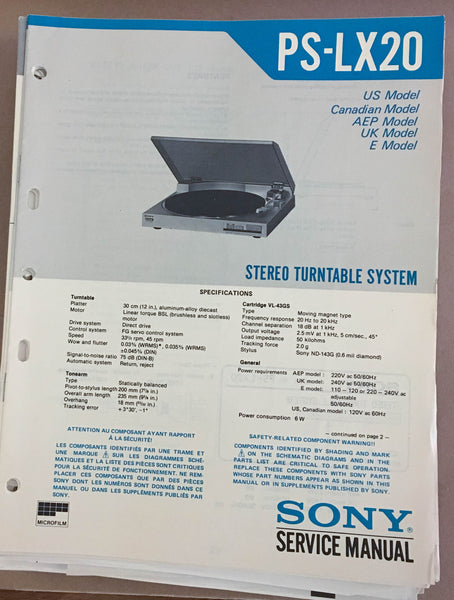 Sony PS-LX20 Turntable Record Player  Service Manual *Original*
