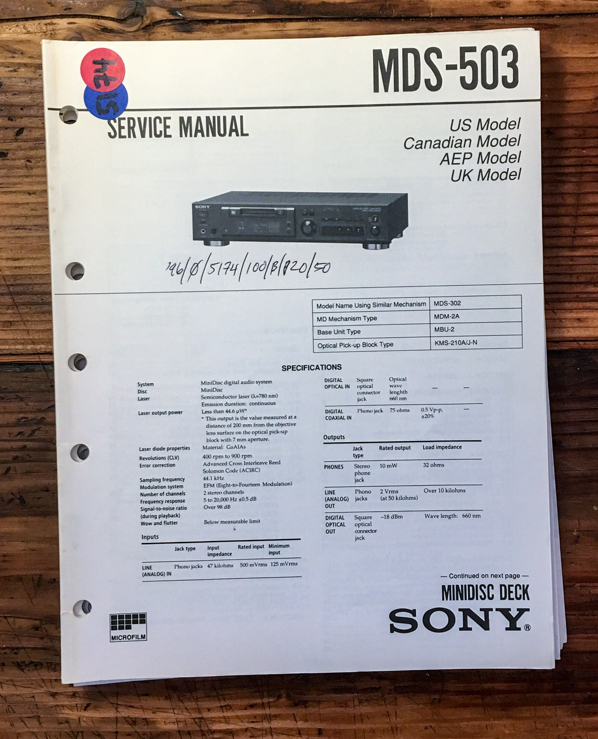 Sony MDS-503 MD Mini Disc  Service Manual *Original*