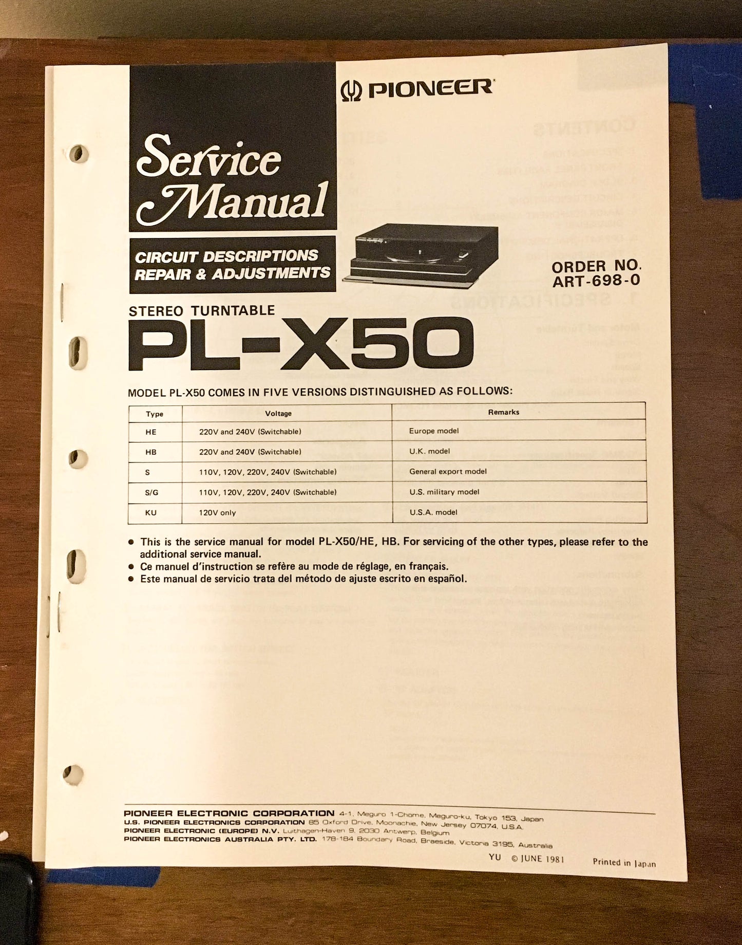 Pioneer PL-X50 Turntable / Record Player Service Manual *Original*