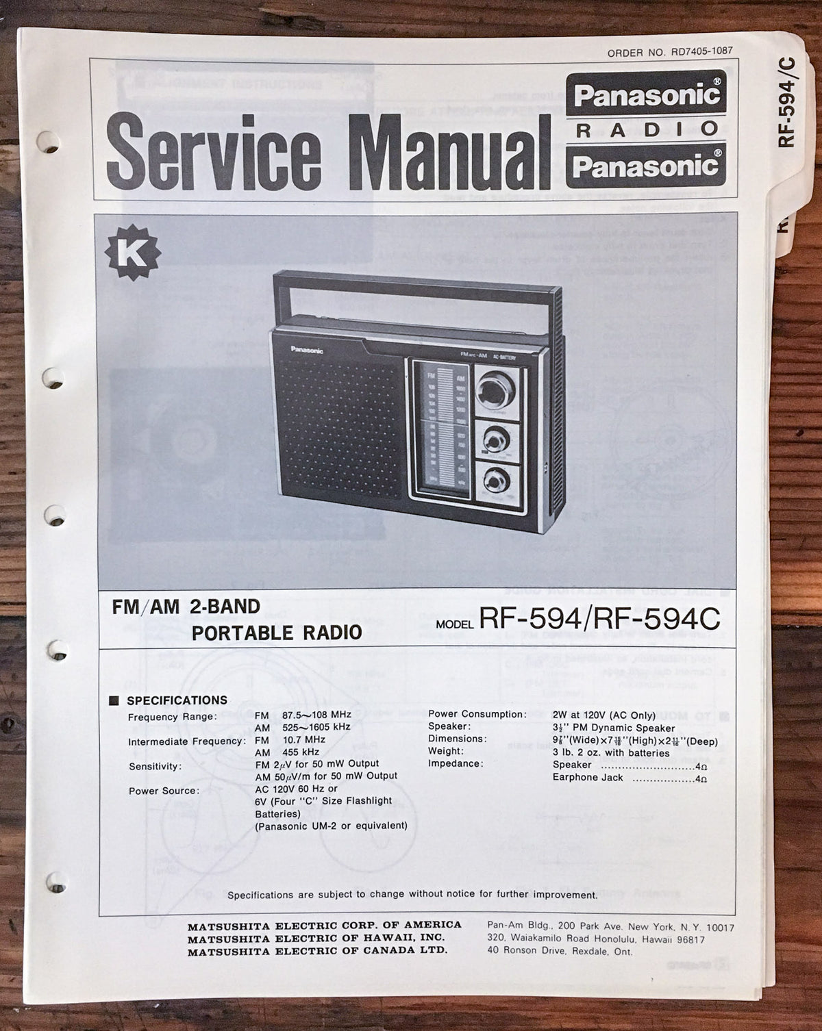 Panasonic RF-594 RF-594C Radio  Service Manual *Original*