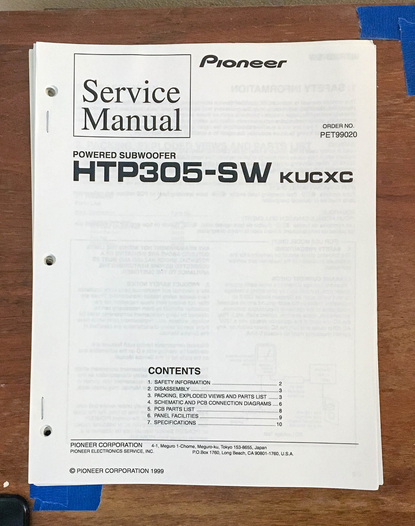 Pioneer HTP305-SW Subwoofer Service Manual *Original*