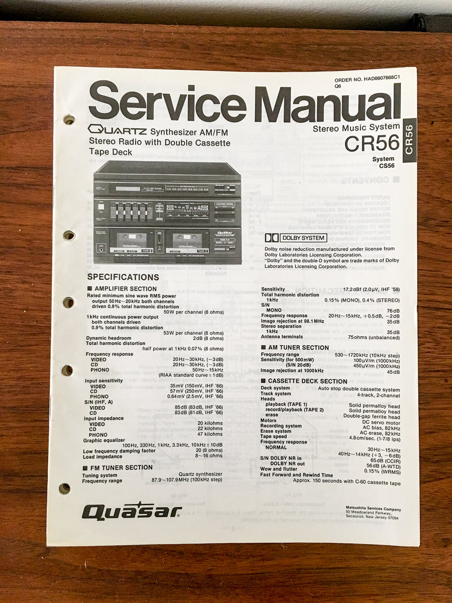 Quasar / Technics CR56 CR-56 Stereo Service Manual *Original*