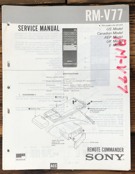 Sony RM-V77 Remote Control  Service Manual *Original*