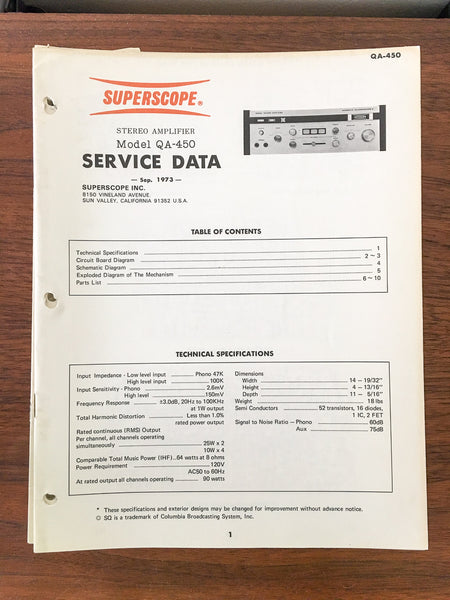 Superscope QA-450 Amplifier Service Manual *Original*