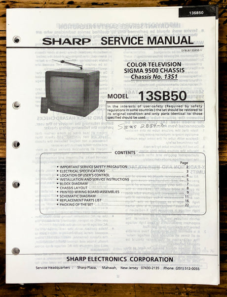 Sharp 13SB50 TV / Television Service Manual *Original*