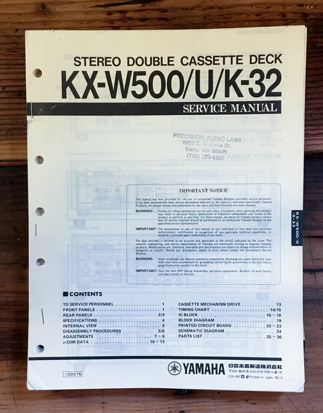 Yamaha KX-W500 K-32 Cassette Service Manual *Original*