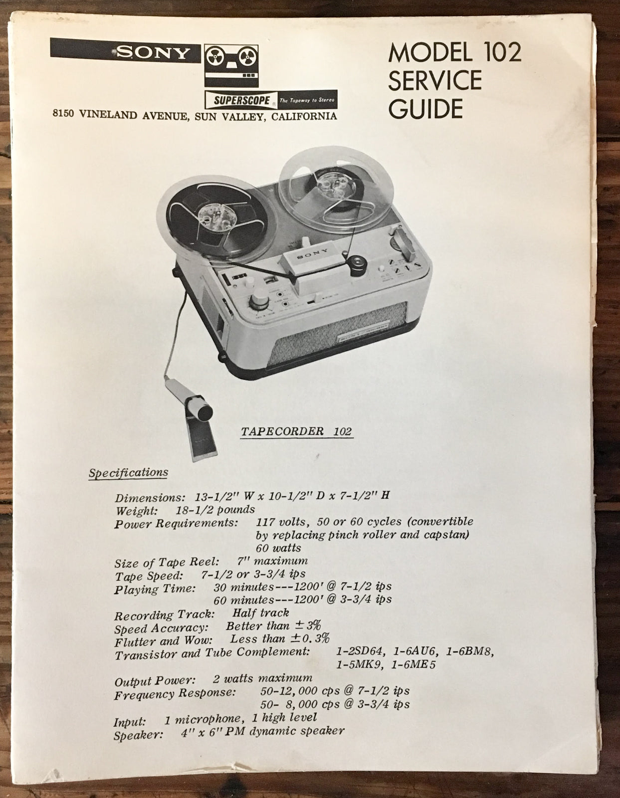 Sony Model 102 Tape Recorder Service Manual *Original*