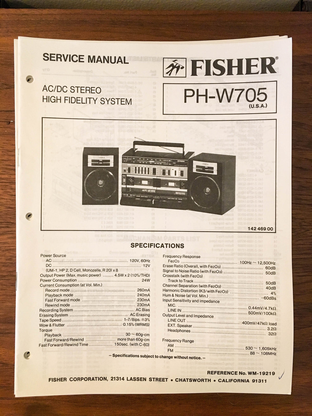 Fisher PH-W705 Boombox Radio Service Manual *Original*