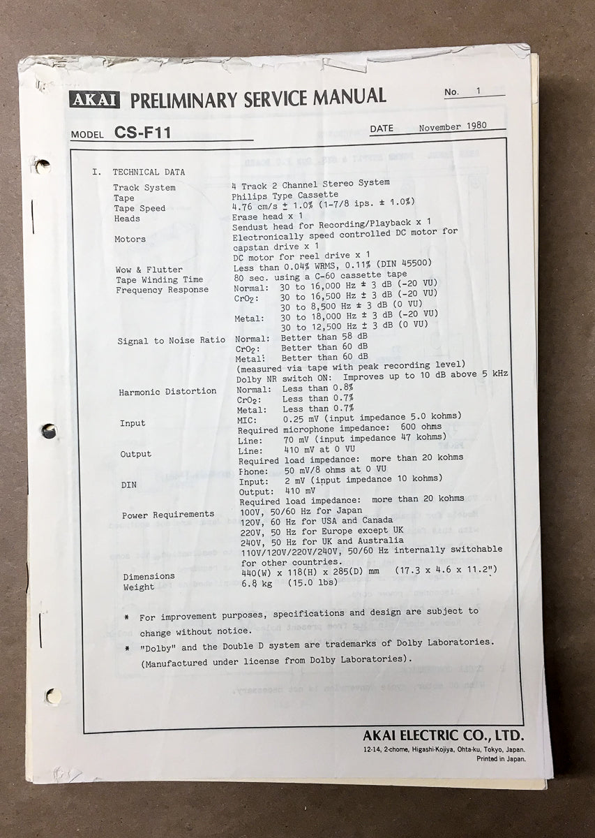 Akai CS-F11 Cassette Preliminary Service Manual *Original*