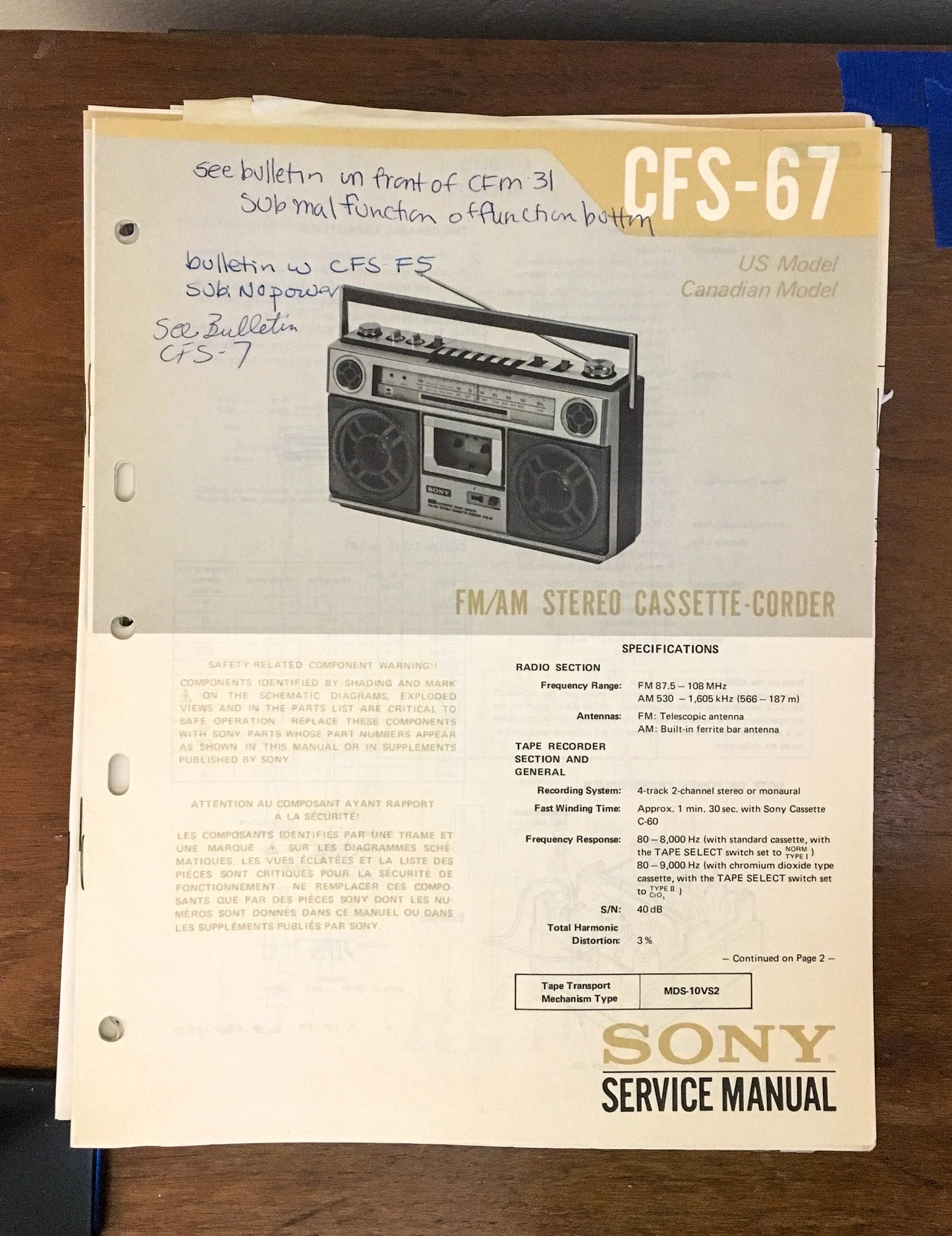 Sony CFS-67 Radio Cassette Recorder / Boombox Service Manual *Original*