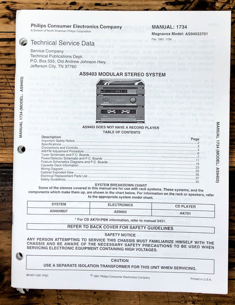 Magnavox Sylvania AS 9403 Stereo Service Manual *Original*