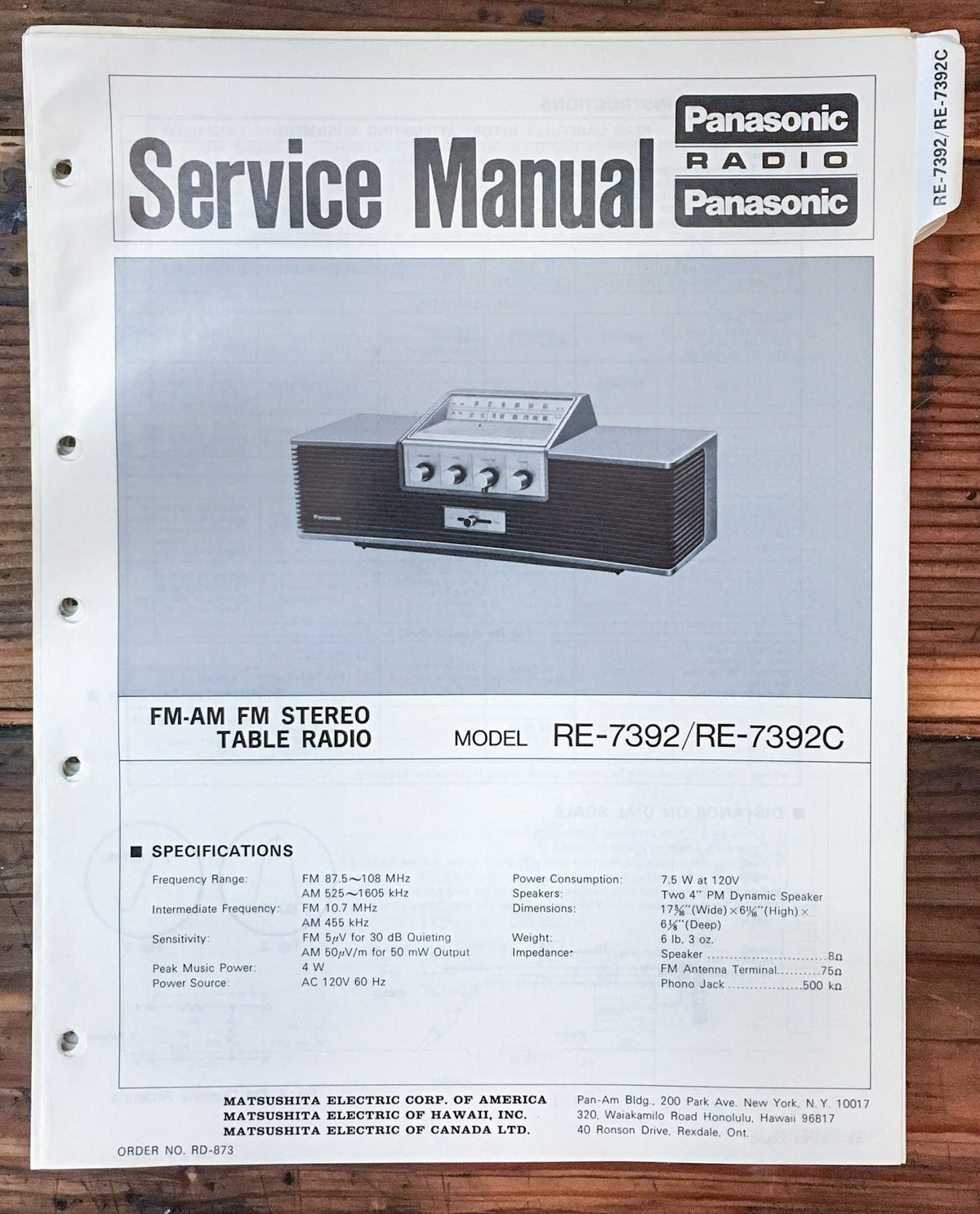 Panasonic RE-7392 RE-7392C Radio  Service Manual *Original*