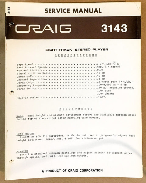 Craig Model 3143 8 Track Stereo Service Manual *Original*