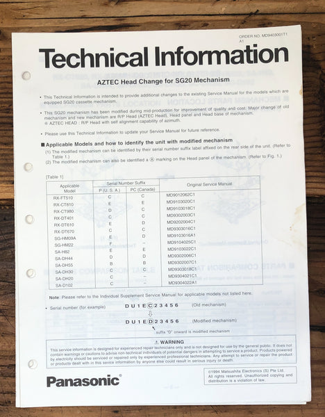 Panasonic SG-20 SG20 Mechanism Aztec Head Change   Service Manual *Original*