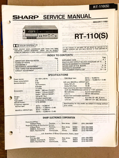 Sharp RT-110 RT-110S Cassette Deck  Service Manual *Original*