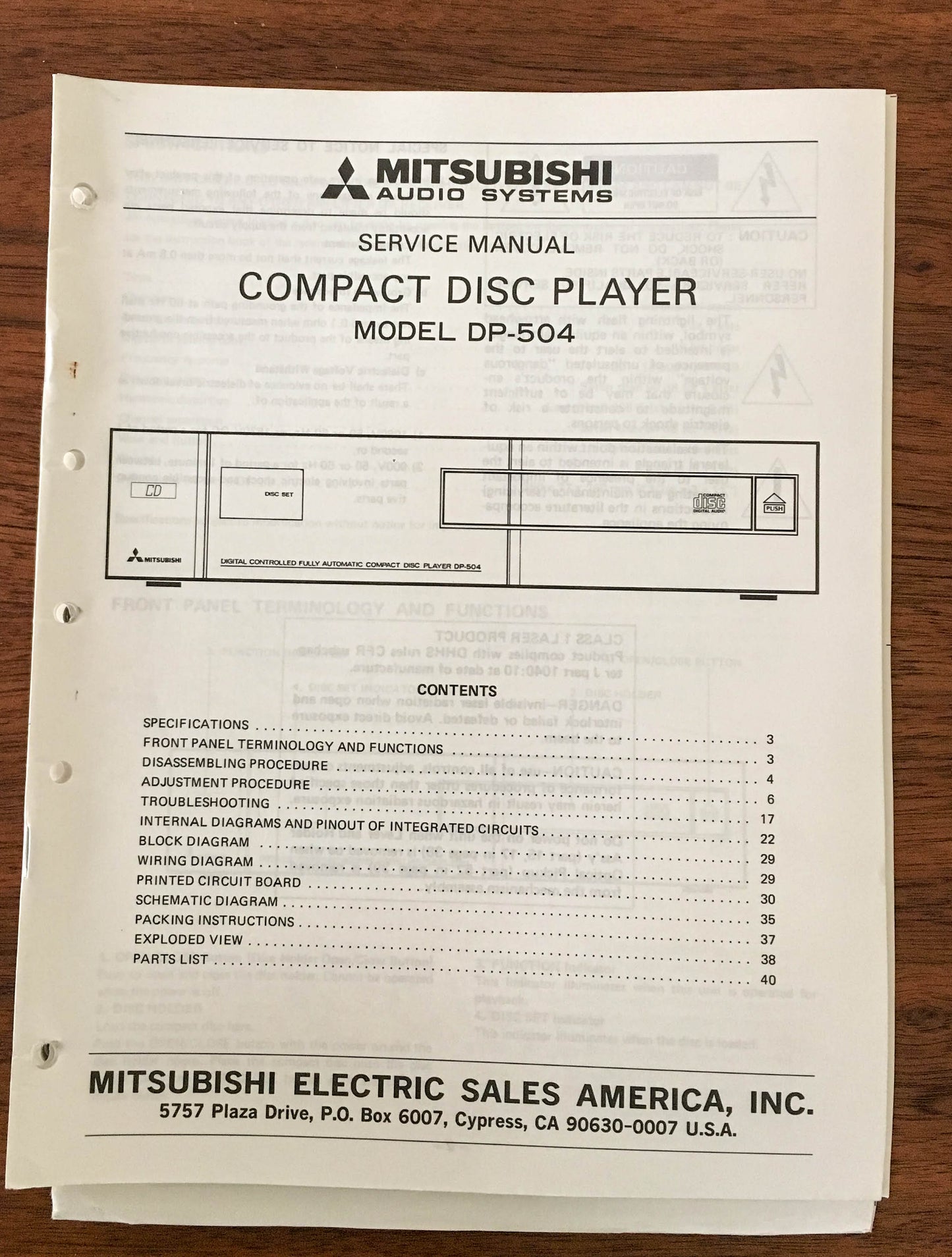 Mitsubishi DP-504 CD PLAYER Service Manual *Original*