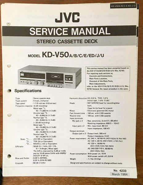 JVC KD-V50 Cassette Deck  Service Manual *Original*