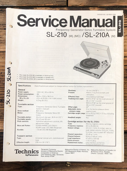 Technics SL-210 SL-210A Record Player / Turntable  Service Manual *Original*