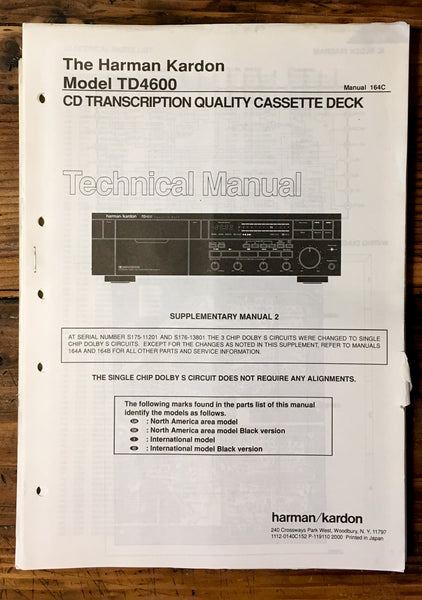 HK Harman Kardon TD-4600 TD-4600 Cassette Service Manual Supple. 1 *Original*