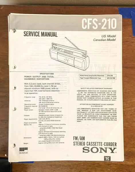 Sony CFS-210 Stereo Cassette Recorder Service Manual *Original*