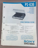 Sony PS-636 Turntable Record Player  Service Manual *Original*
