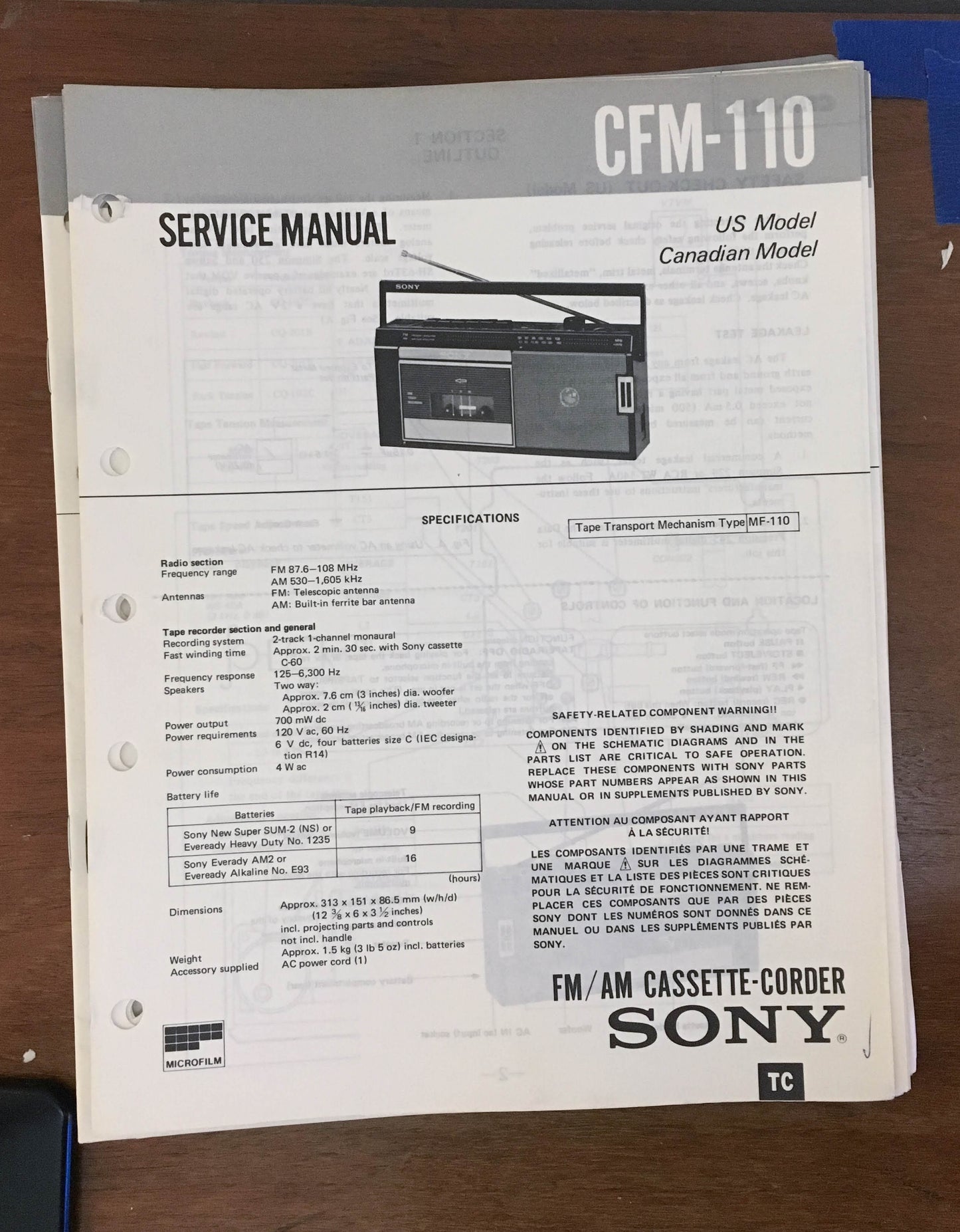 Sony CFM-110 Radio Cassette Recorder Service Manual *Original*