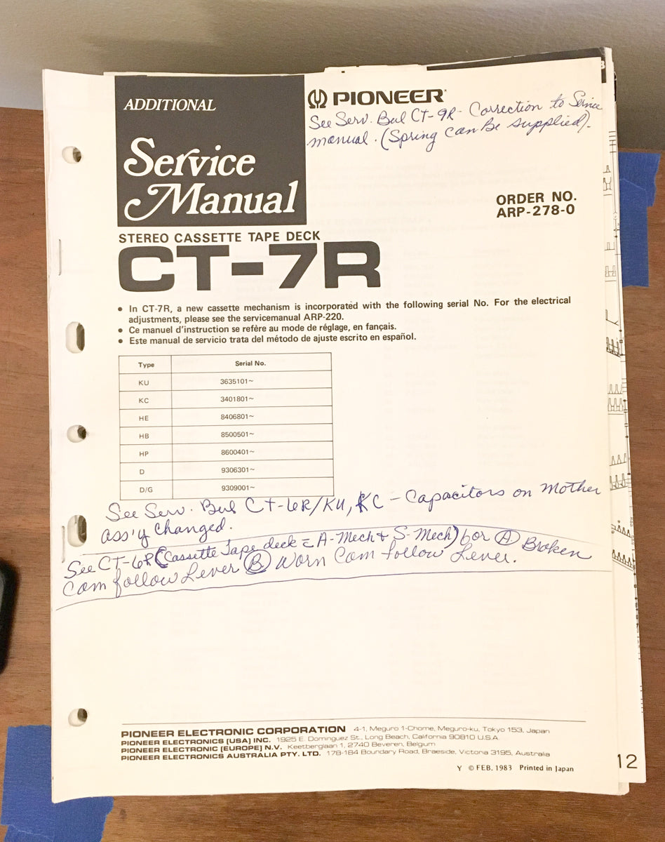 Pioneer CT-7R Cassette  Service Manual *Original* #2