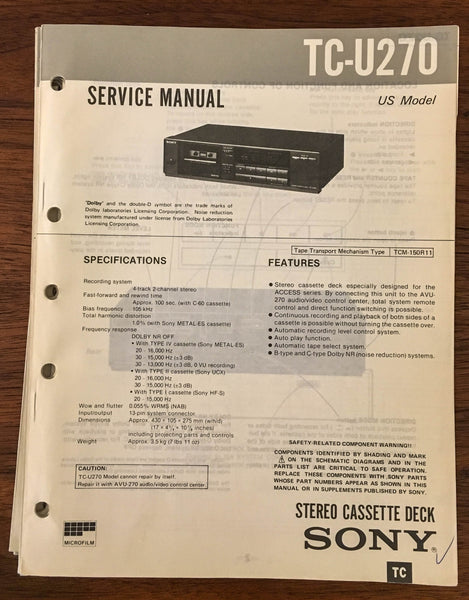 Sony TC-U270 CASSETTE Service Manual *Original*