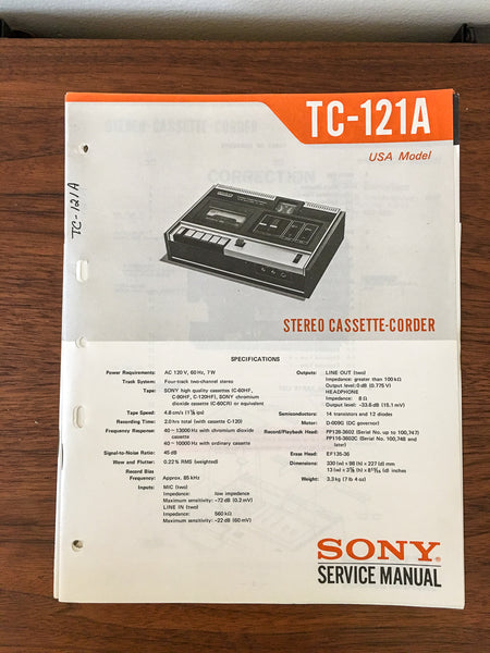 Sony TC-121A Tape Recorder Service Manual *Original*