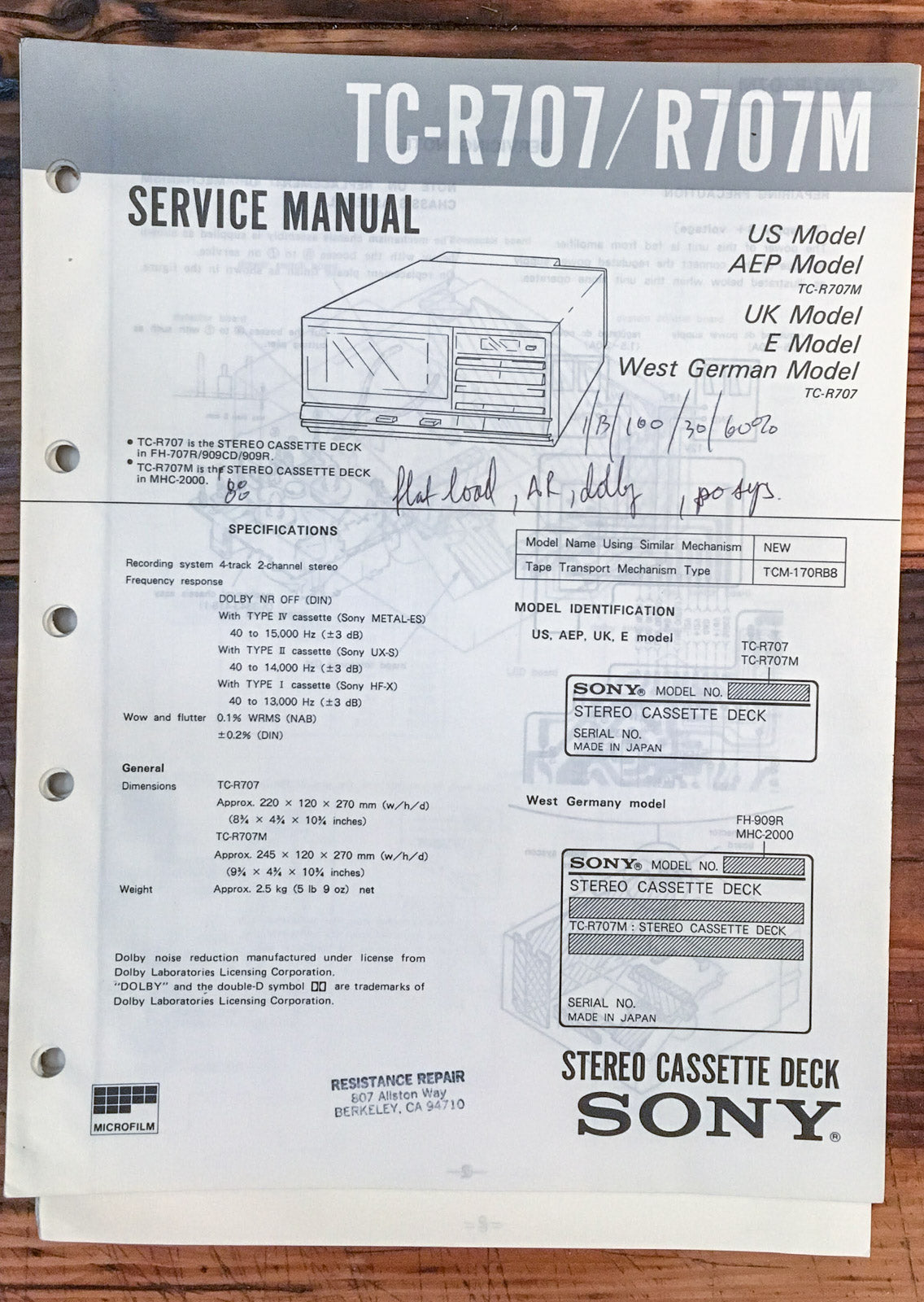 Sony TC-R707 TC-R707M Cassette Player  Service Manual *Original*