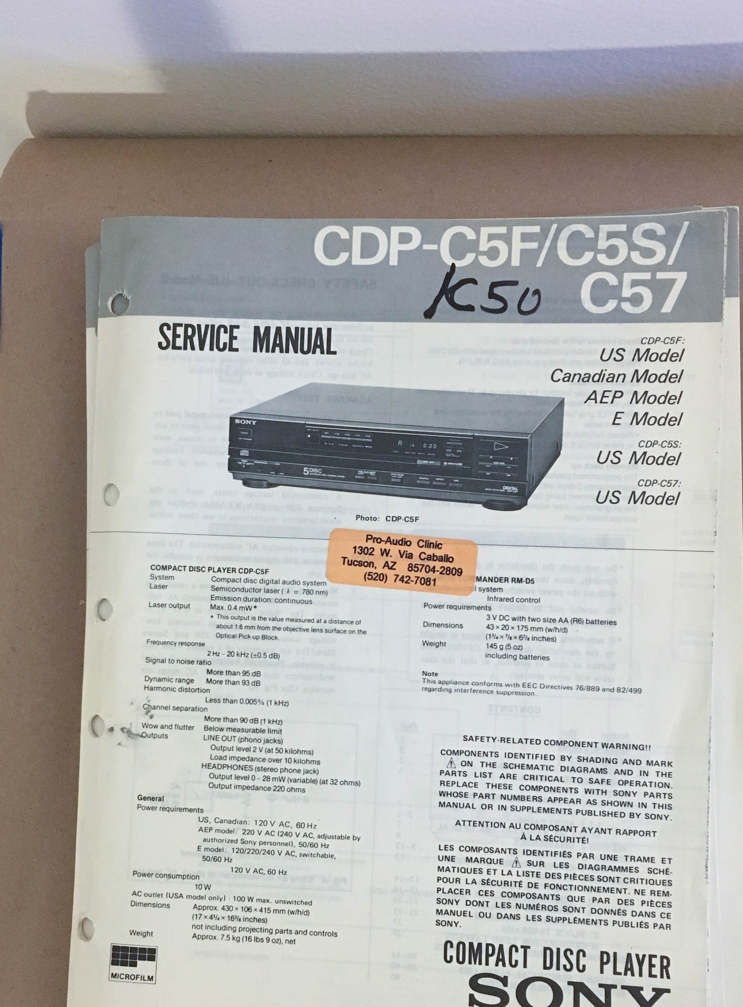 Sony  CDP-C5F C5S C57 CD Player Service Manual *Original*