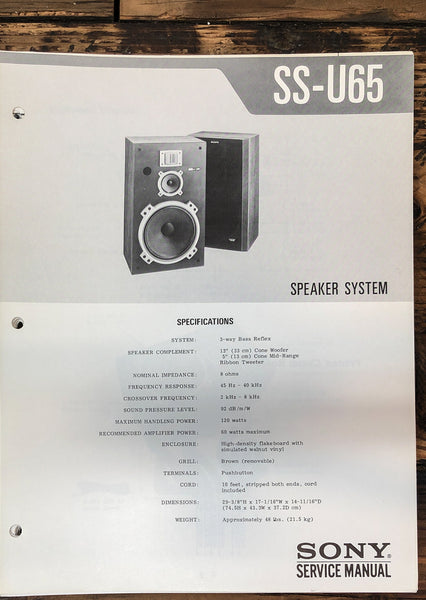 Sony SS-U65 Speaker  Service Manual *Original*