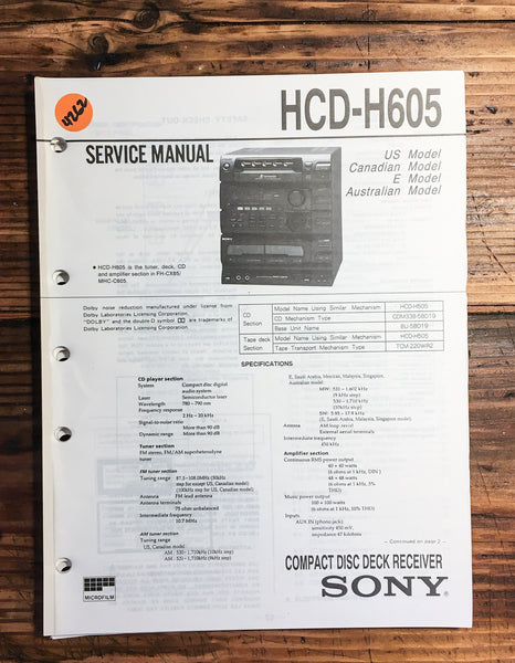 Sony HCD-H605 Stereo System  Service Manual *Original*