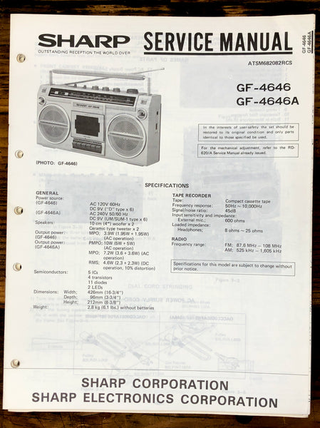 Sharp GF-4646 GF-4646A Radio / Boombox  Service Manual *Original*