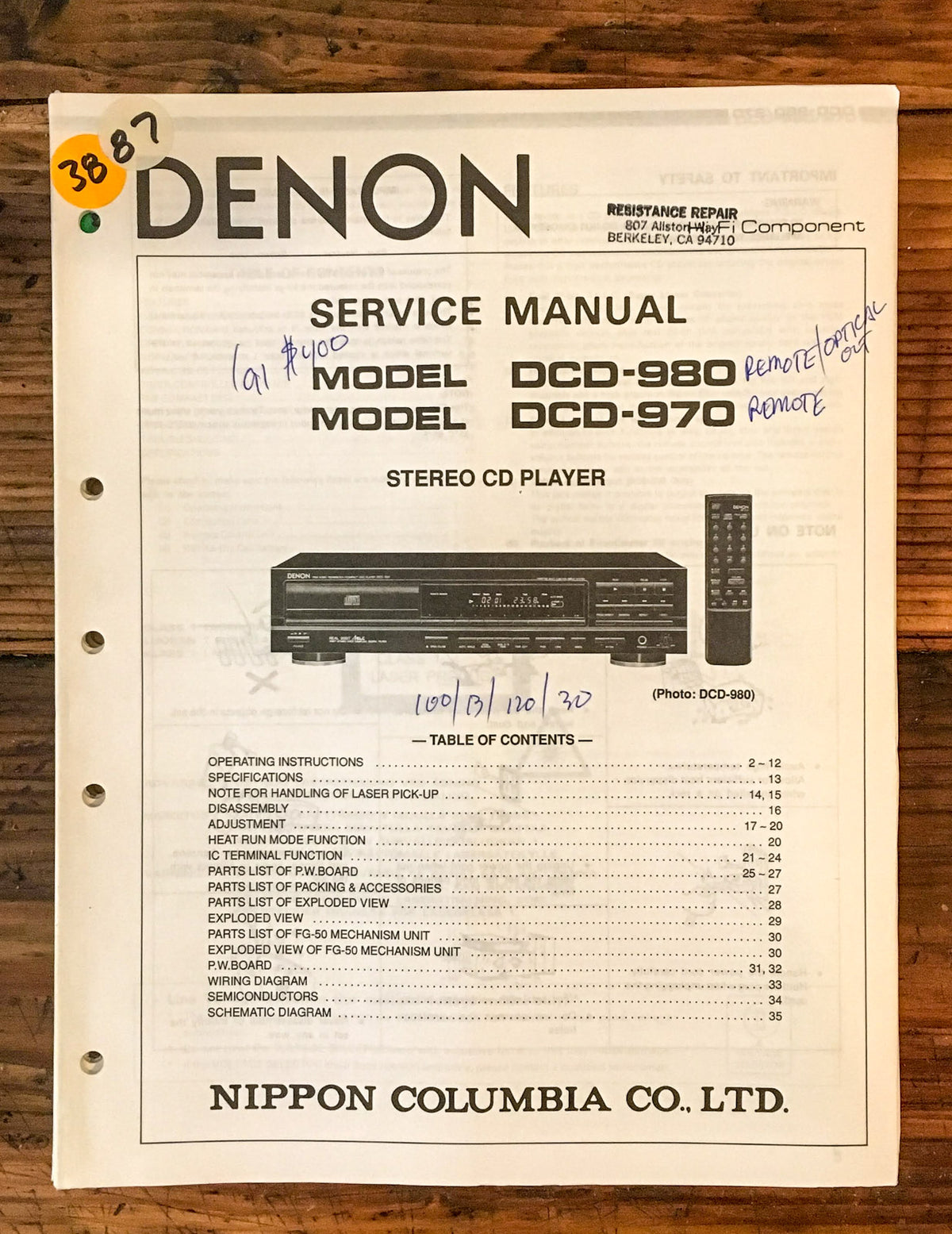 Denon DCD-970 DCD-980 CD Player  Service Manual *Original*