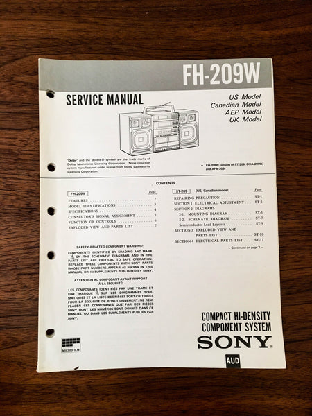 Sony FH-209W Component Stereo Service Manual *Original*