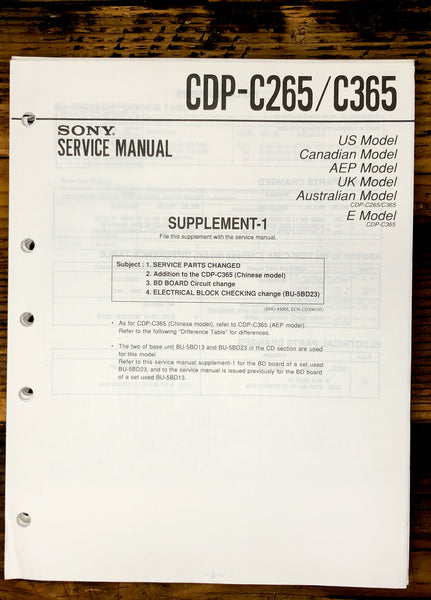 Sony CDP-C265 CDP-C365 CD Player Supp. Service Manual *Original*