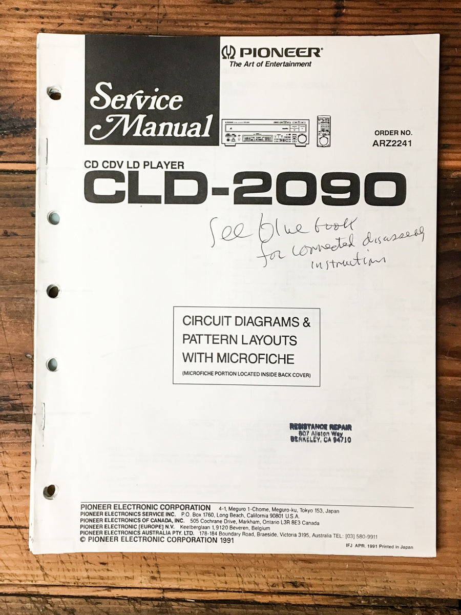 Pioneer CLD-2090 CD CDV LD Player Service Manual *Original*