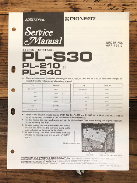 Pioneer PL-S30 PL-210 PL-340 CD Player Additional Service Manual *Original*