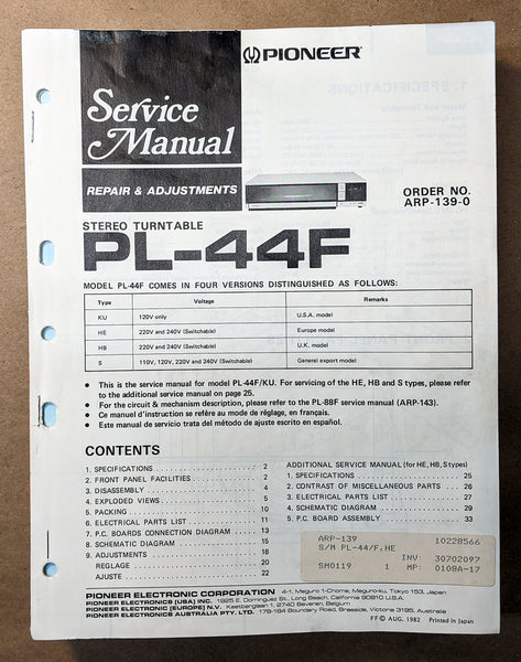 Pioneer PL-44F Record Player / Turntable Service Manual *Original*