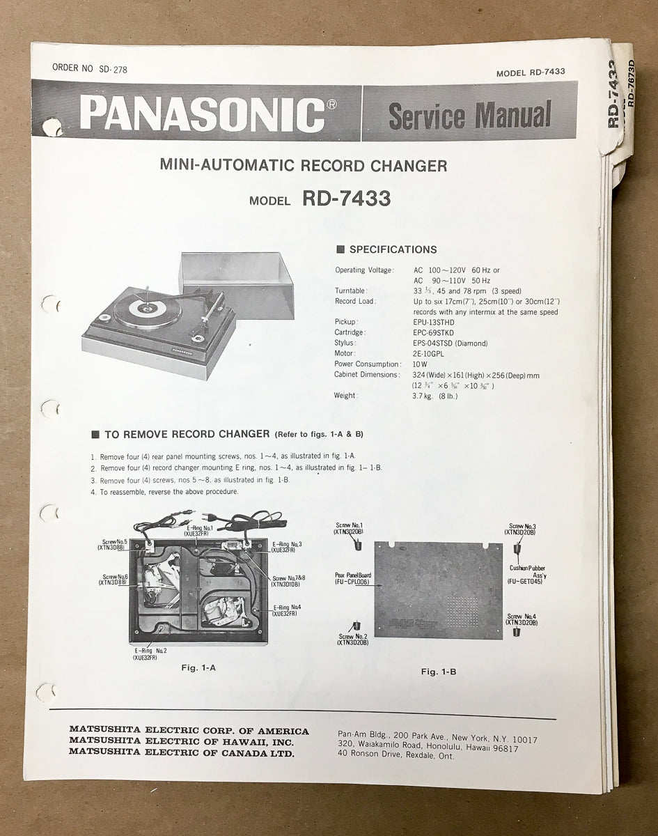 Panasonic RD-7433 Record Player / Turntable Service Manual *Original*