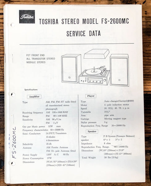 Toshiba FS-2600MC Stereo Service Manual *Original*