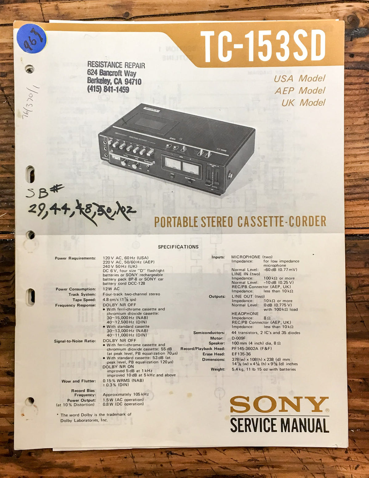 Sony TC-153SD Cassette  Service Manual *Original*