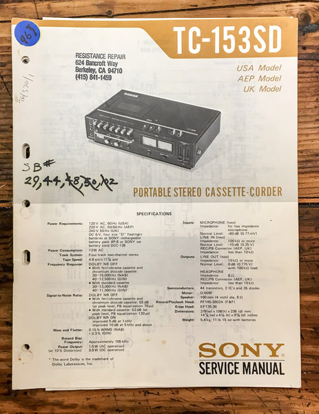 Sony TC-153SD Cassette  Service Manual *Original*
