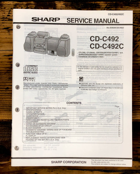 Sharp CD-C492 -C492C Stereo Service Manual *Original*