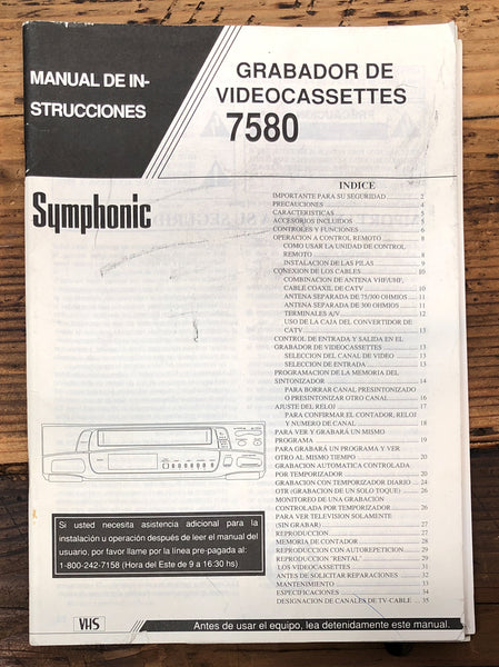 Symphonic  Model 7580 VCR FRENCH & ENGLISH  Owner / User Manual *Original*